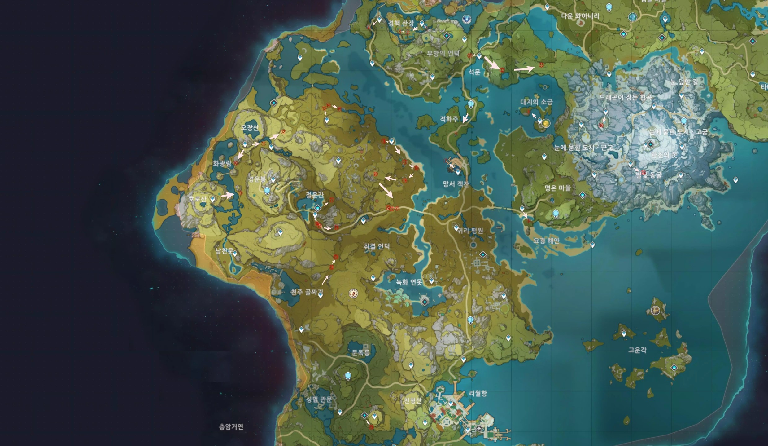 원신 몬드 리월 이나즈마 수메르 폰타인 나타 성유물 도메인 위치 지도