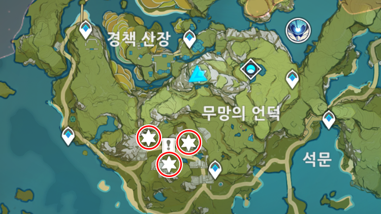 원신 필드 성유물 조사 포인트 52곳 루트 지도 (오장산, 경책 산장 등)